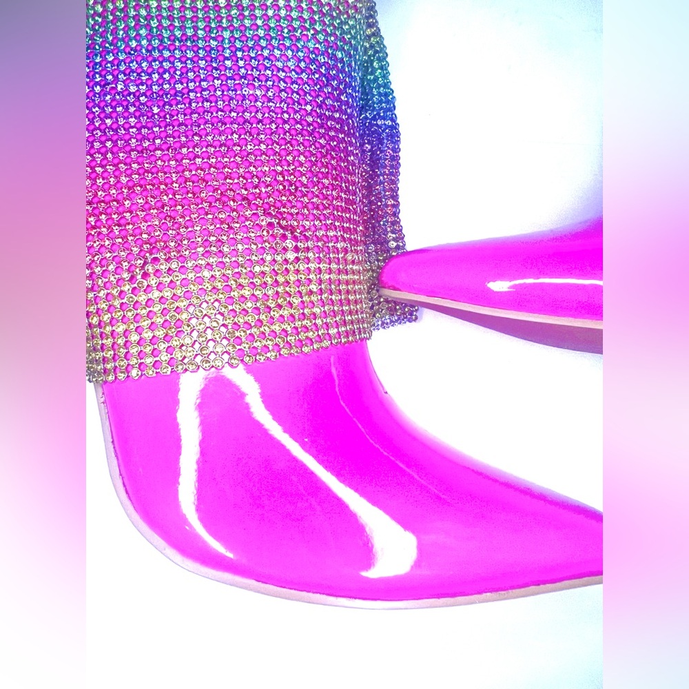 Rainbow Rhinestone Stiletto Boots. Hot Pink w/ Colorful Rhinestone Curtain -EDC - Picture 7 of 16